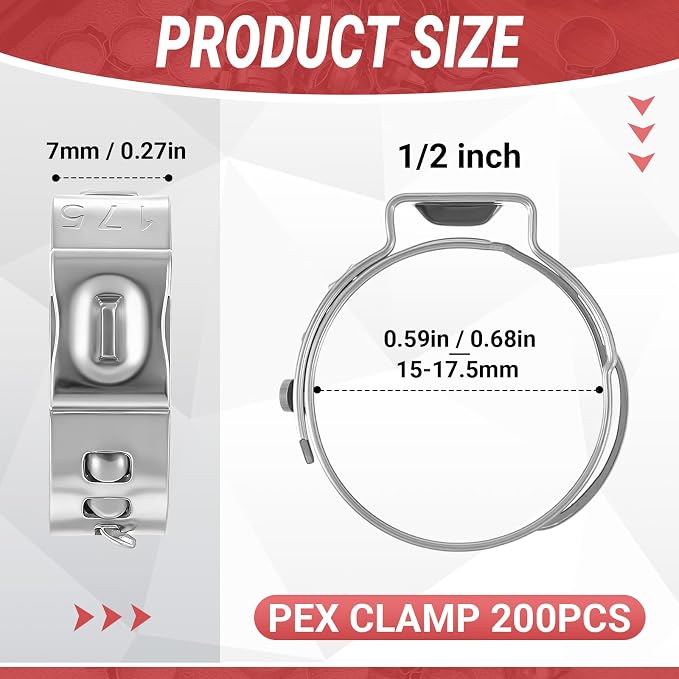 200 Pcs 1/2 Inch PEX Cinch Clamps, 304 Stainless Steel Crimp Rings Single Ear - Image 2