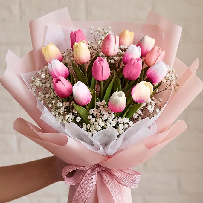 Janinka 45pcs Artificial Tulip Flowers Fake PU Tulips Faux Latex Bouquet Flower - Image 7
