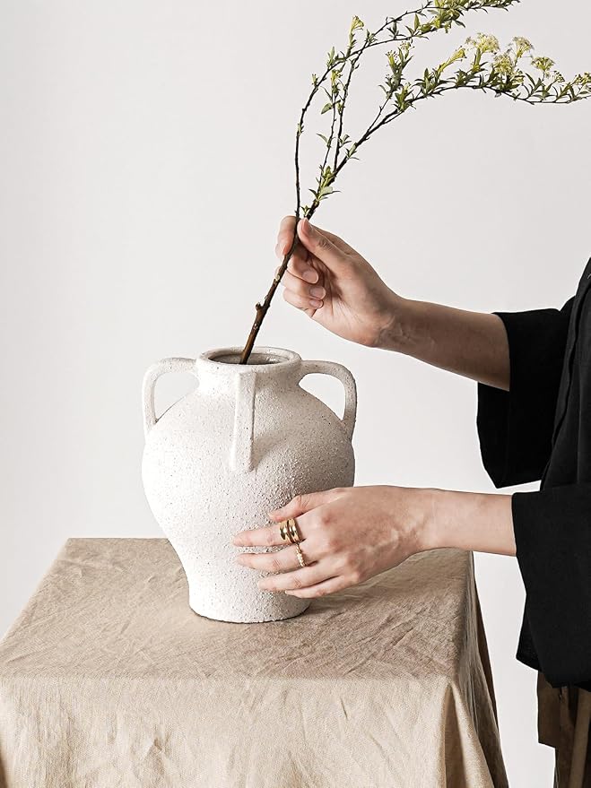 White Ceramic Vase with 4 Handles, 8.8 Inch, Farmhouse Rustic | Decorative - Image 4