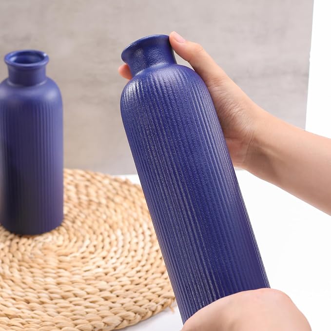 Small Navy Blue Ceramic Vase Set of 3, Boho Modern Navy Blue Flower Vase Room - Image 7