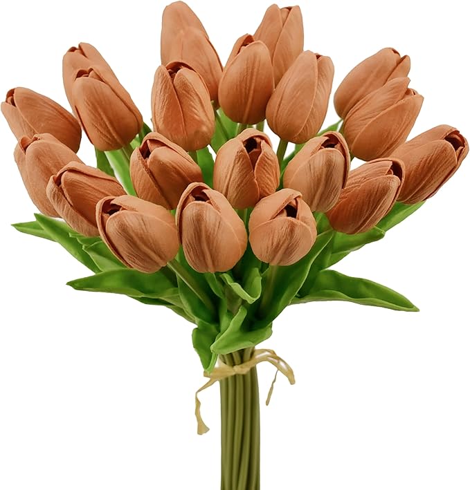 Mandy's 20pcs Artificial Burnt Orange Tulips | 13.5 Inch Lifelike PU Tulips by Mandys