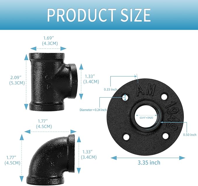 3/4" Black Floor Flange/Elbow/Tee Combo, 40 Pack Threaded Pipe Fitting - Image 2