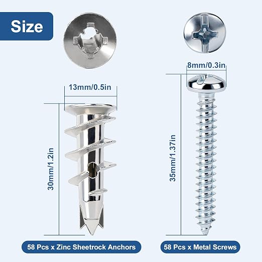 116 Pcs Metal Drywall Anchors Zinc Self-Drilling Screws Kit | Heavy Duty 50 LB - Image 3