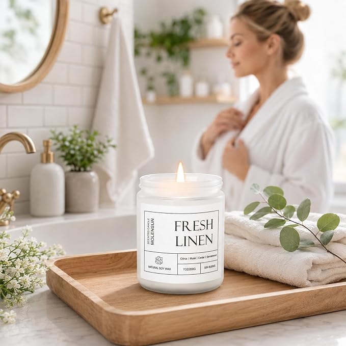Molensun Fresh Linen Scented Candle, 7 oz Soy Wax Candle - Image 4