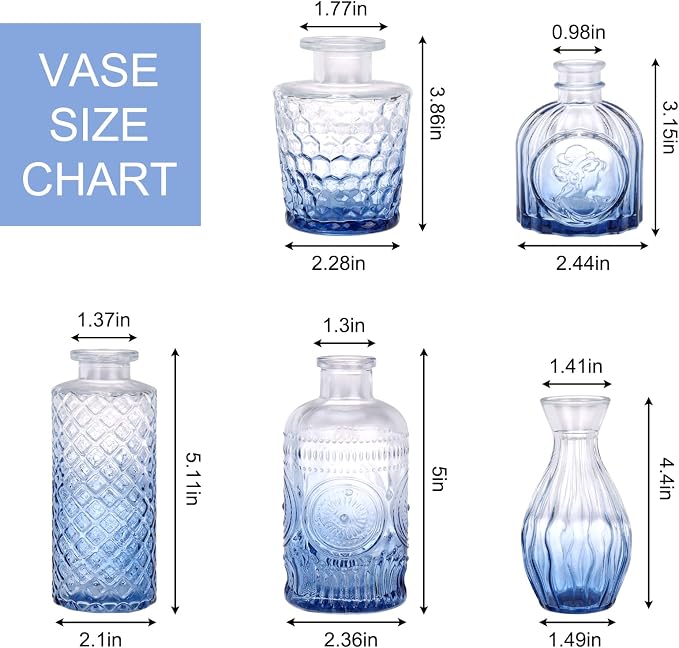 5pcs Blue Glass Bud Vase Set, Small Flower Vases - Image 2