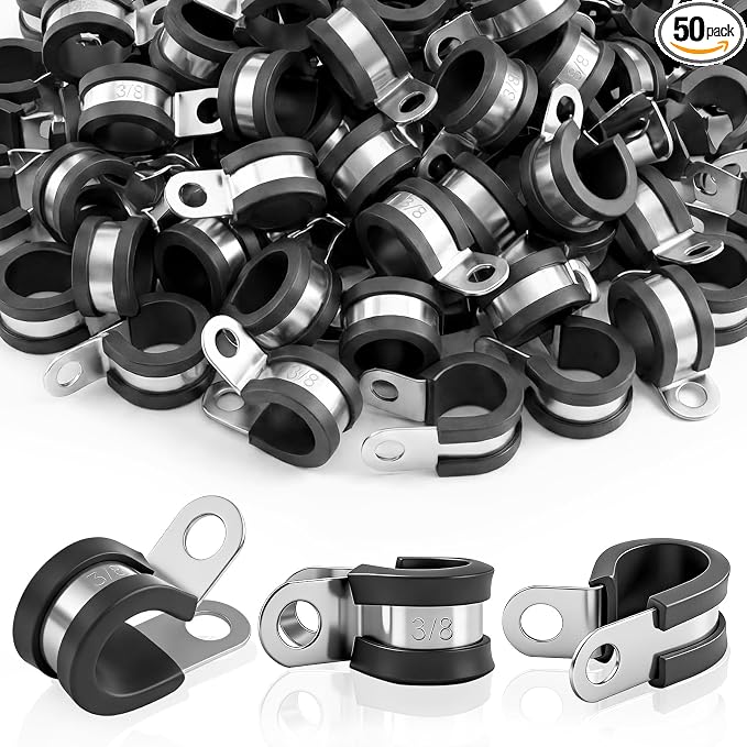 50 Pcs 3/8 Inch Cable Clamps Stainless Steel Pipe Clamps Holder Rubber Coated by Unknown