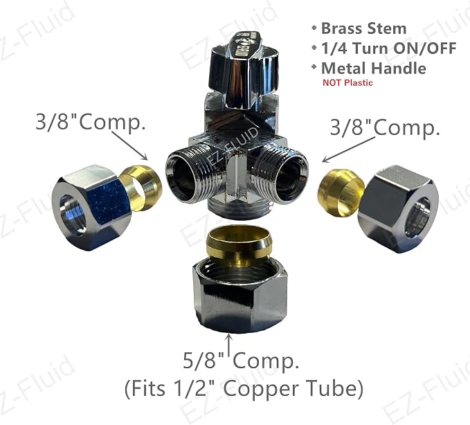 EZ-Fluid 5/8" Comp O.D X 3/8"Comp X 3/8"Comp Dual Outlets Heavy Duty Chrome - Image 3