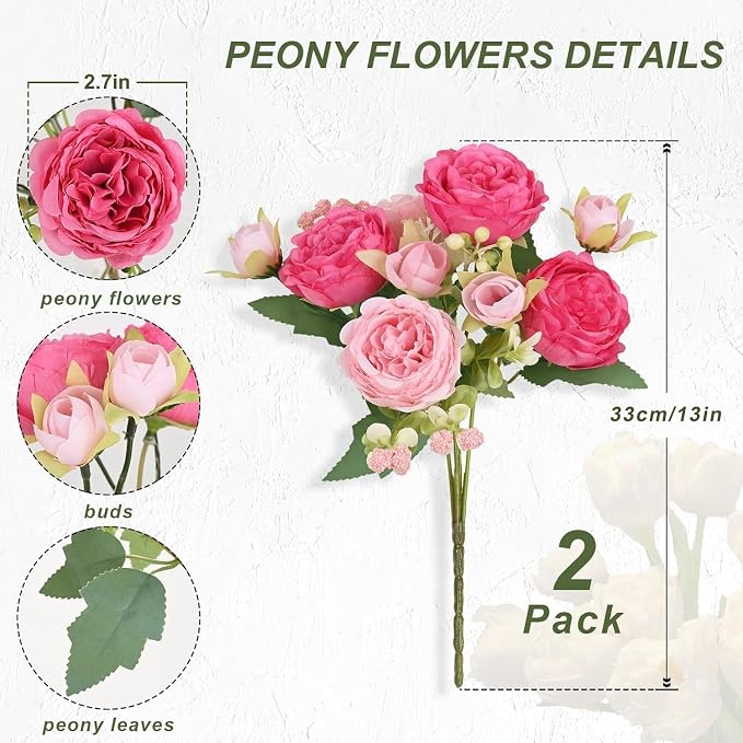 2 Packs Peonies Artificial Flowers, Mixed Pink Artificial Peonies, Silk Peonies - Image 4