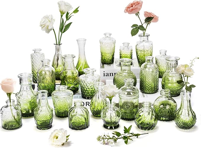 Clear Gradient Green Glass Bud Vase Set of 24 Pcs, Small Bud Vases in Bulk by JXINDUJU