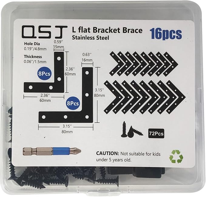 QSJ 16 Pcs L Flat Straight Brackets Corner Bracket Set 8Pcs 2.36''/8Pcs 3.15'' - Image 5