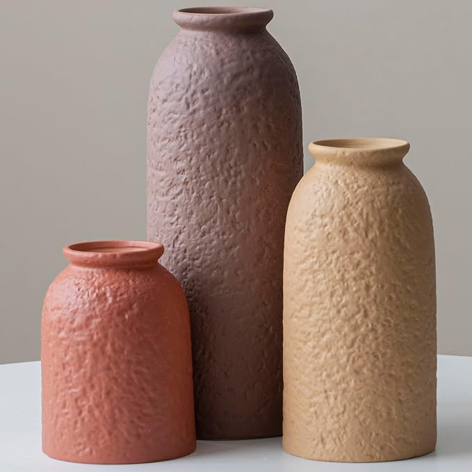 Large Decorative Ceramic Vase Set, 3 Pieces, Matte Taupe Orange Coral Beige by TINCTOTNICVase