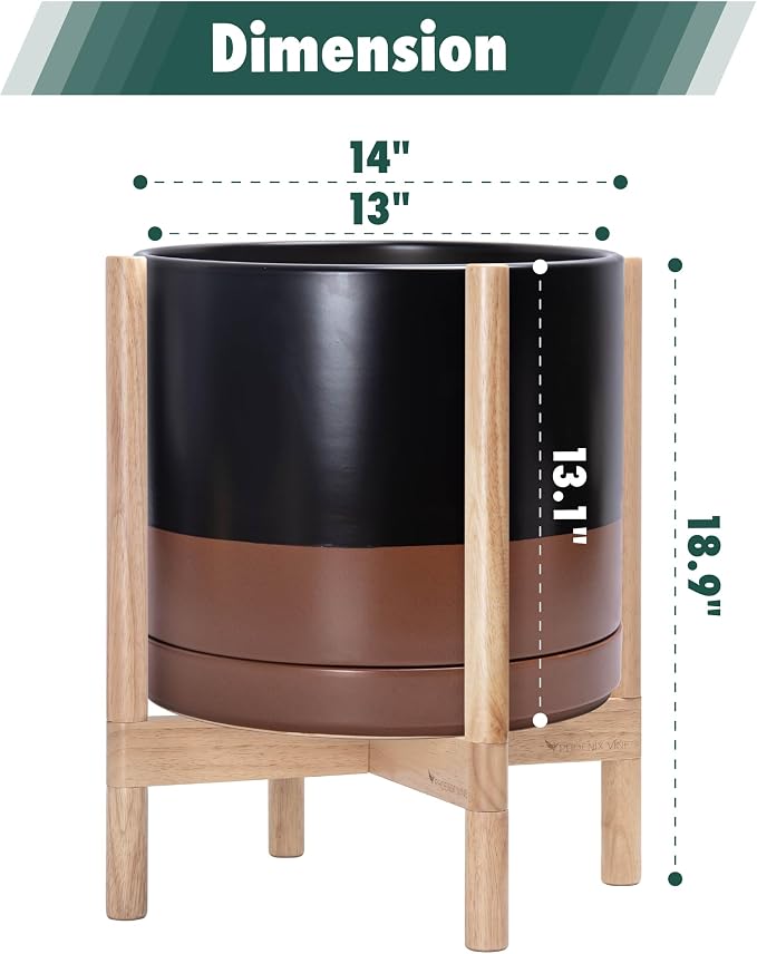 D'vine Dev Ceramic Pot with Natural Wood Stand, 14 in, 55-B-R-7 | Mid-Century - Image 3