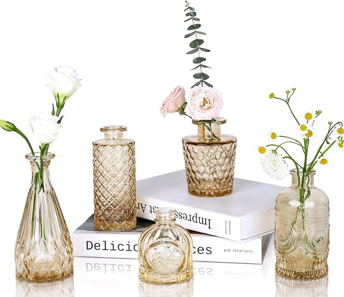 UPBUD Amber Gold Glass Bud Vases Set of 5, Small Vases by UPBUD