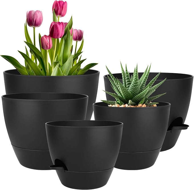 QRRICA Plant Pots 10/9/8/7.5/7 Inch Self Watering Pots, Plastic Flower Pots by QRRICA