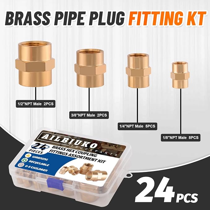 24Pcs Brass Pipe Fittings Hex Coupling Kit, 1/8" 1/4" 3/8" 1/2" NPT | 1/4 Inch - Image 2
