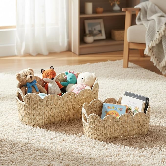 Coeusy Wicker Scalloped Basket Set of 2, Woven Storage Baskets - Image 5