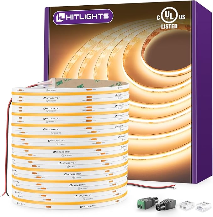 HitLights COB LED Strip Lights Warm White 2700K, 32.8ft 24V Tape, UL Listed | by HitLights