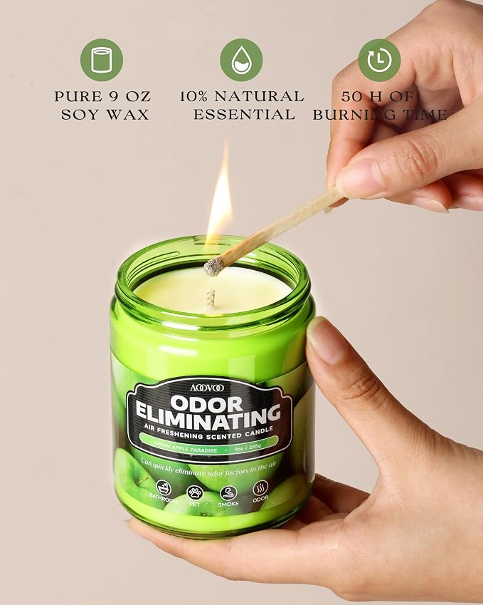 AOOVOO Green Apple 2 Pack Odor Eliminating Candle - 18 oz Soy Candles | - Image 3