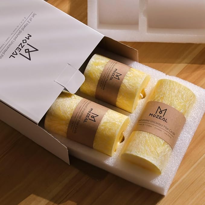 MOZEAL Hand-Poured, Unscented Yellow Crystal Pillar Decorative Candles - Image 5