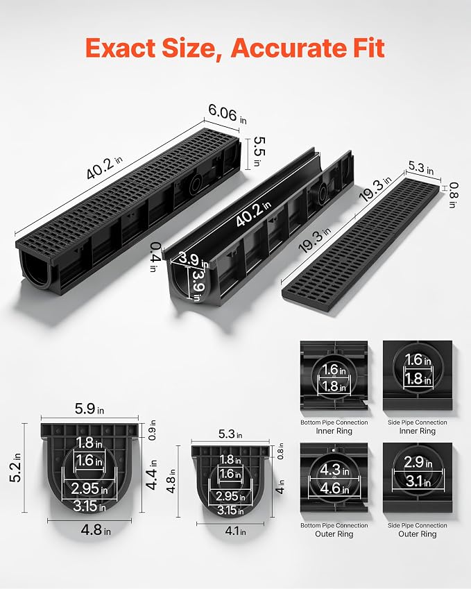 VEVOR Trench Drain, 40.2 x 6.06 x 5.5 in, 3 Pack Linear Drainage Channel - Image 2
