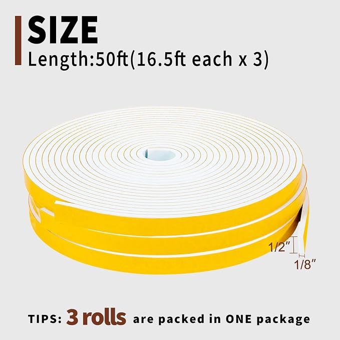 Yotache White Windows Doors Insulation Seal Tape 3 Rolls 1/2" x1/8" | Adhesive - Image 4