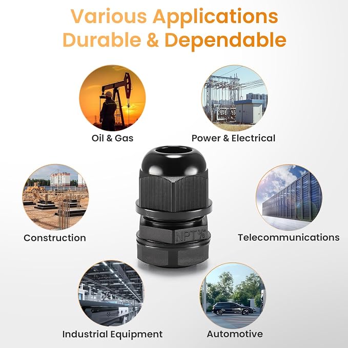 QILIPSU 12pcs 3/8" NPT Cable Gland Waterproof IP68 Nylon Cable Pass Through - Image 7