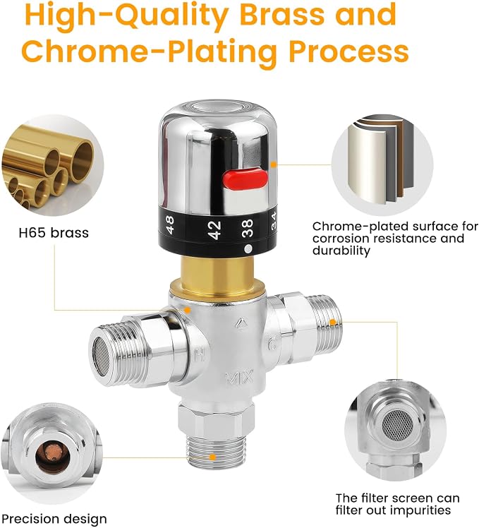 Brass Thermostatic Mixing Valve | G1/2" Male Connections, Water Temperature - Image 5