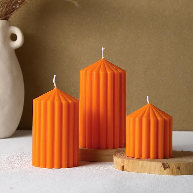 Conelist Set of 3 Fall Orange Ribbed Pillar Candles Soy Wax Scented Candles | - Image 6