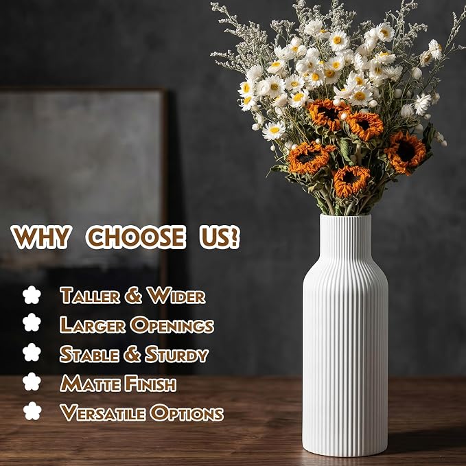 Large White Tall Ceramic Vase, Modern Matte Vertical Ribbed, Nordic Minimalist - Image 5