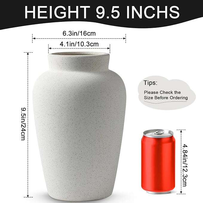 9.5 Inch Ceramic Flower Vase, Modern Farmhouse Rustic Home Decor, Dining Table - Image 2