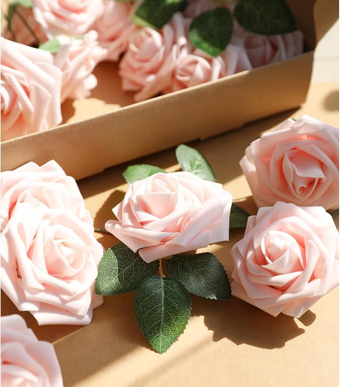 AmyHomie Blush Pink Rose 50pcs Real Looking Artificial Flowers w/Stem | Bouquet - Image 3