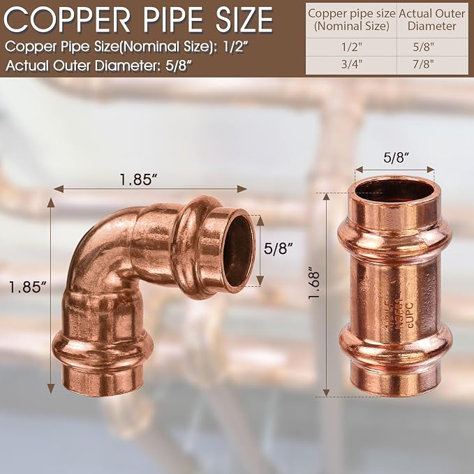 Copper Press Fittings 1/2 inch Kit w/6pk 1/2" Copper Coupling&6pk 90 Elbow | - Image 2