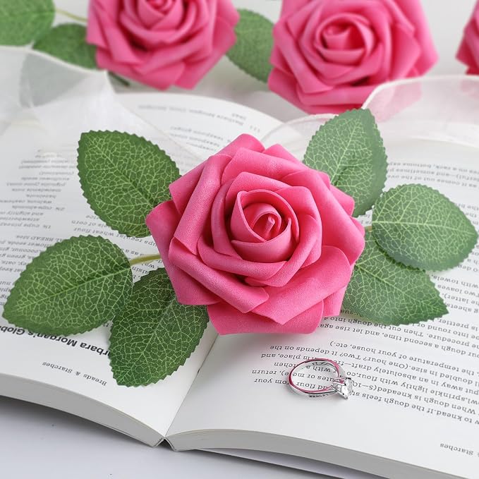 AmyHomie Hot Pink Rose 25pcs Real Looking Artificial Flowers w/Stem | Bouquet - Image 6