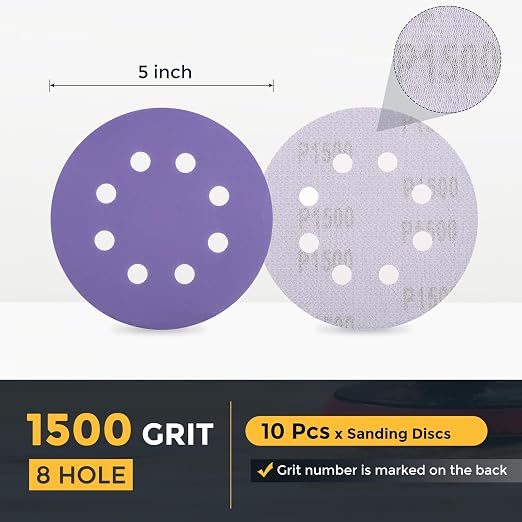 HARFINGTON 10Pcs 5Inch Sanding Disc 8 Hole 1500Grit Purple Aluminum Oxide | - Image 2