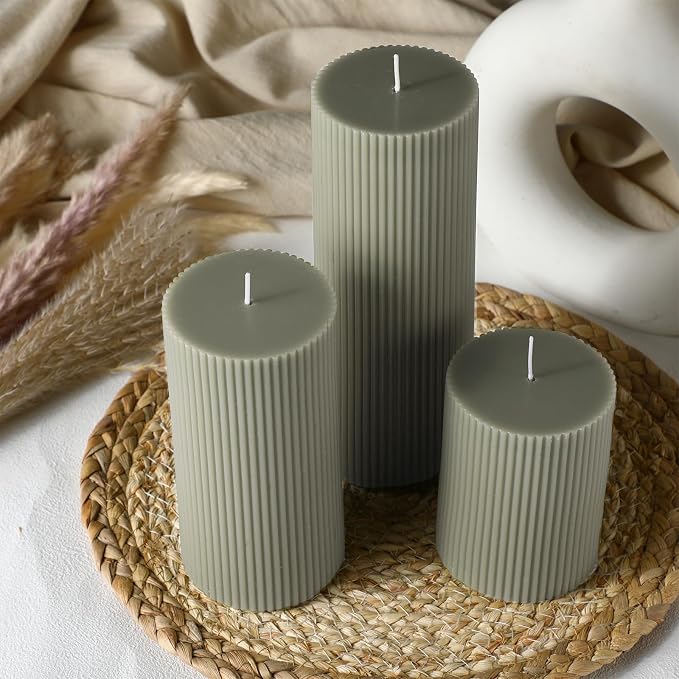 Conelist Ribbed Pillar Candles Set of 3, Width 3" High 4" 6" 8", Bean Green - Image 5