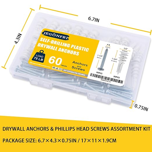 JEGONFRI 60PCS Self-Drilling Drywall Anchors and Screws Kit, Holds 75Lbs | No - Image 9