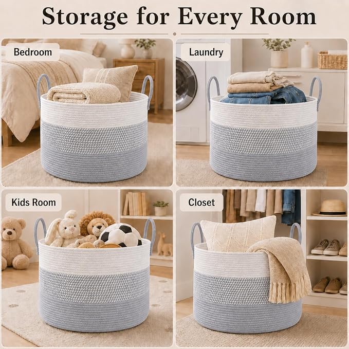 JMvicyroam 65L Extra Large Machine Washable Cotton Rope Blanket Basket | - Image 5