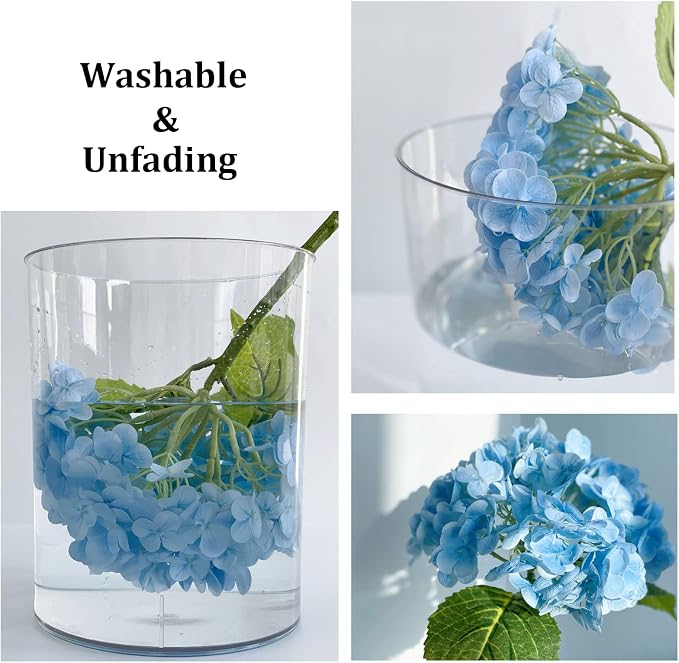YalzoneMet Real Touch Hydrangea Artificial Flowers 3 Pcs 21 inches Light Blue - Image 4