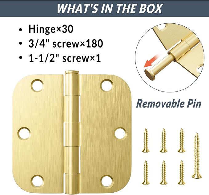 HOSOM 30 Pack Door Hinges Satin Brass 3.5 x 3.5 Inch Interior Door Hinge - Image 3