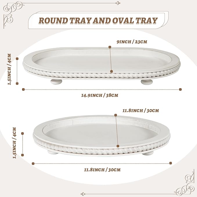 White Oval and Round Decorative Tray Set of 2 - Image 3