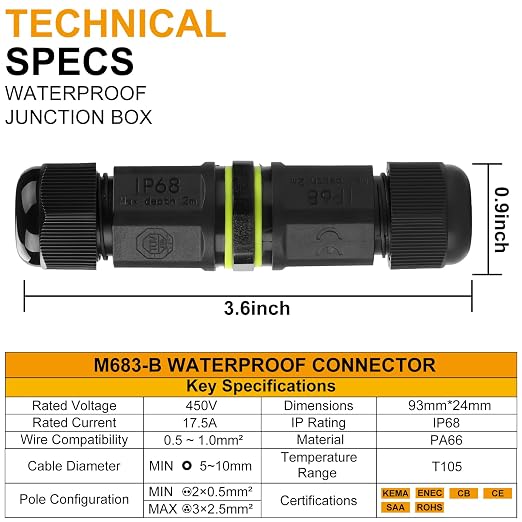 I-Shape 2-Way IP68 Waterproof Junction Box, UL/ETL/CE Certified Flame Retardant - Image 4