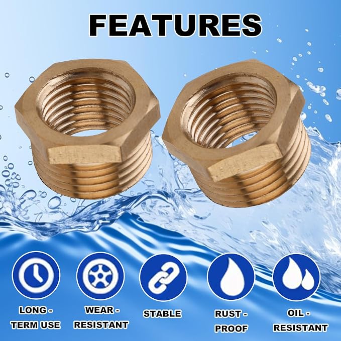 2pcs Brass Reducer Hex Bushing, 3/8" Male to 1/4" NPT Female Adapter | Reducing - Image 5