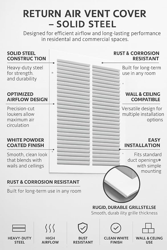 12x12 Air Return Vent Cover, Solid Steel White, 20 Pack - Image 5