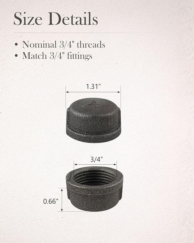 10 Pack 3/4" Malleable Cast Iron Pipe Cap, DIY furniture shelf decor, fits - Image 3