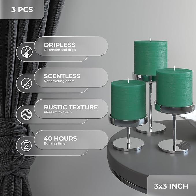 3x3 Inch Green Pillar Candles Set of 3 - Image 3