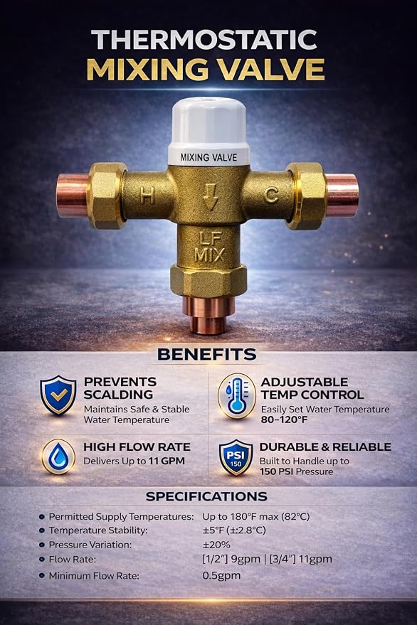 1/2" FNPT Type Thermostatic Mixing Valve, Cert: ASSE, NSF | TMV, Precise water - Image 9