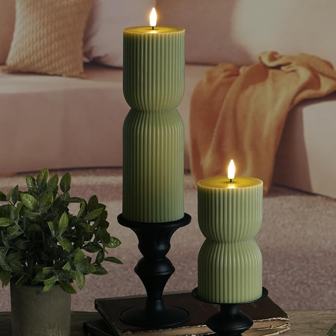 Olive Green Ribbed Flameless Pillar Candles - Image 7