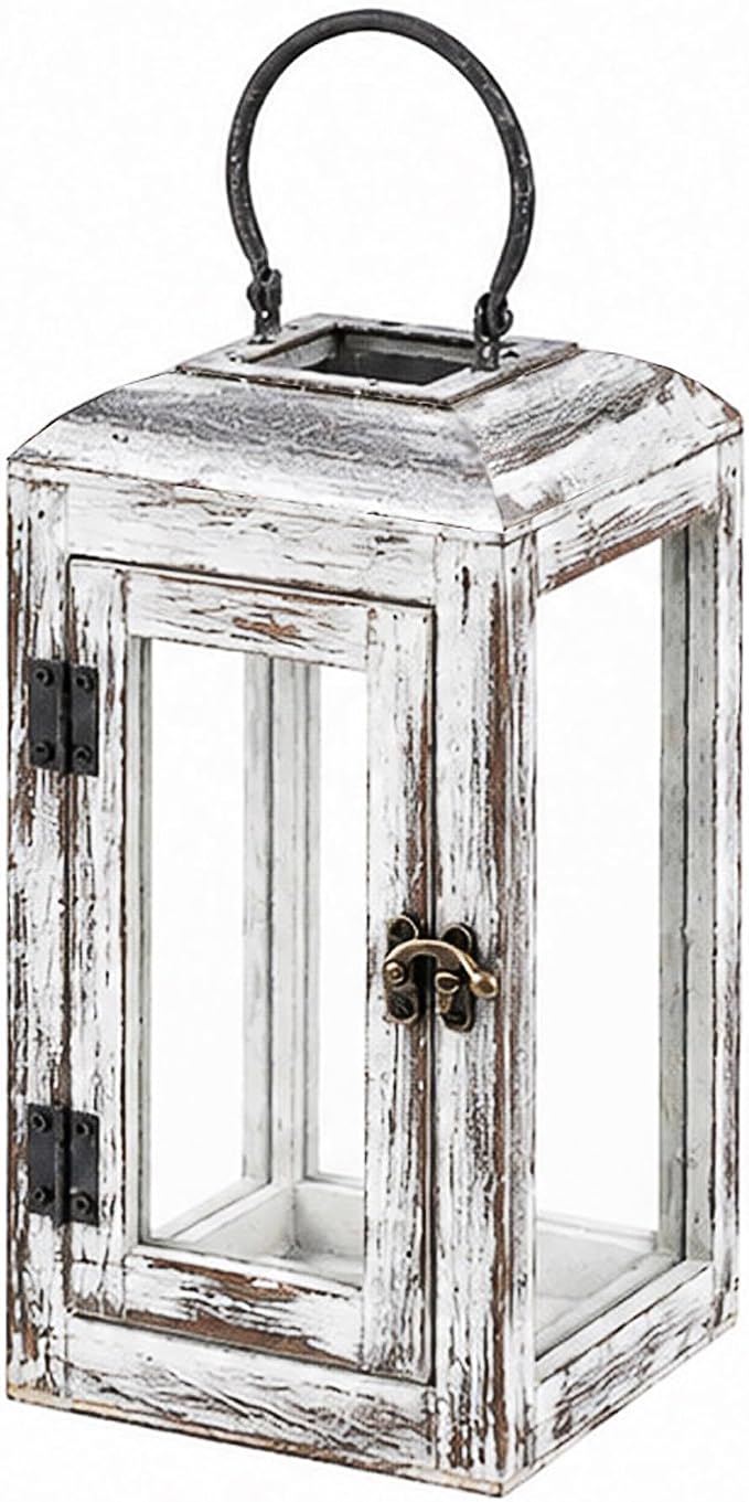 11" High Wooden Lantern Made of Solid Firwood in Whitwash by Unknown