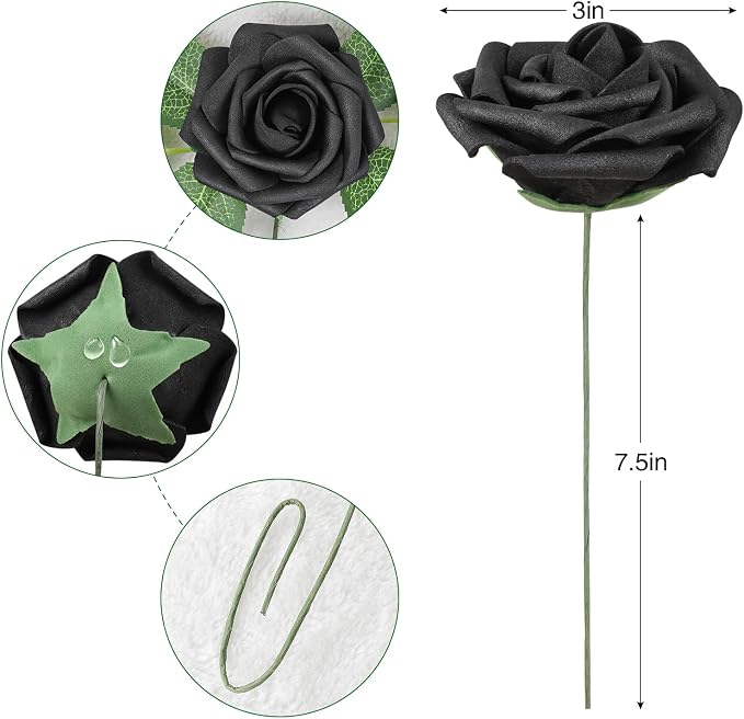 AmyHomie Black Rose 25pcs Real Looking Artificial Flowers w/Stem | Bouquet - Image 2