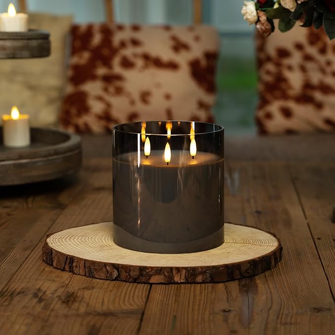 Homemory Grey Large Glass Flameless LED Candle, 3 Wicks, Remote Timer | 6"x6" - Image 3